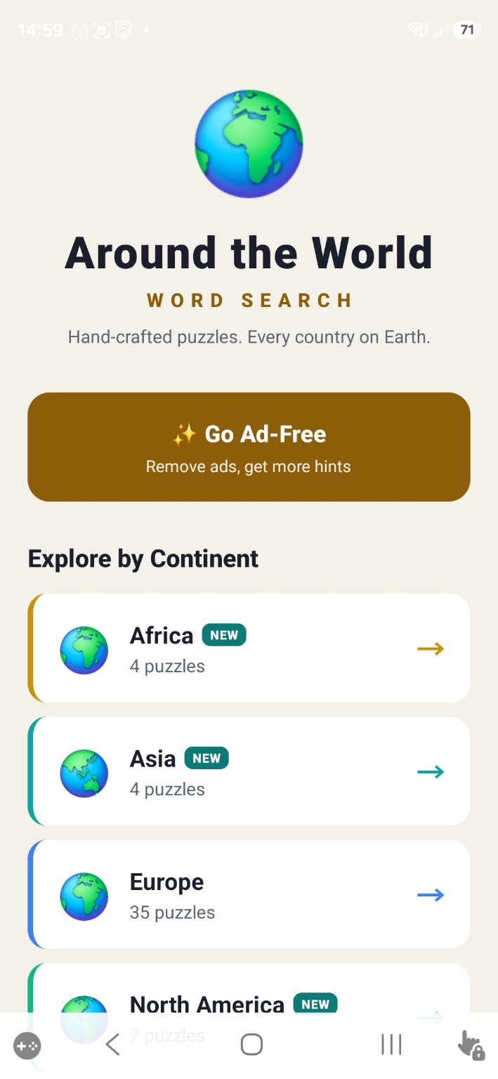 Around the World Word Search home screen