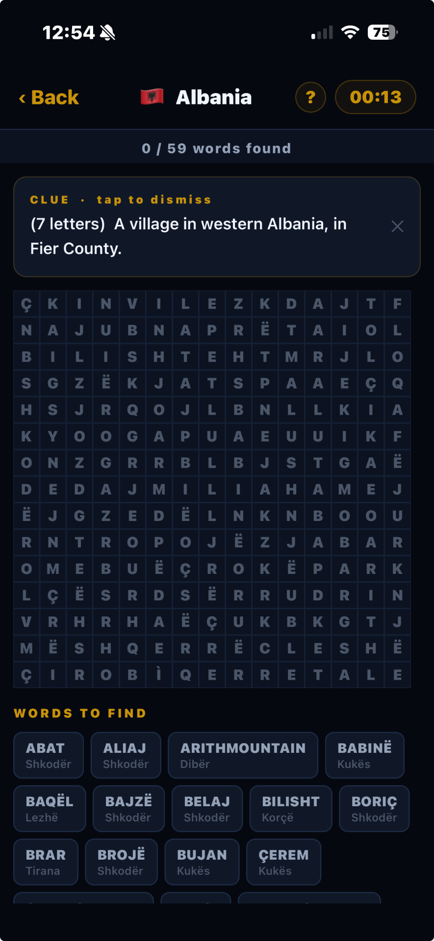 Word search gameplay in Albania