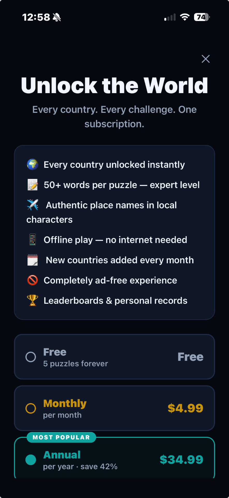 Unlock the World subscription screen